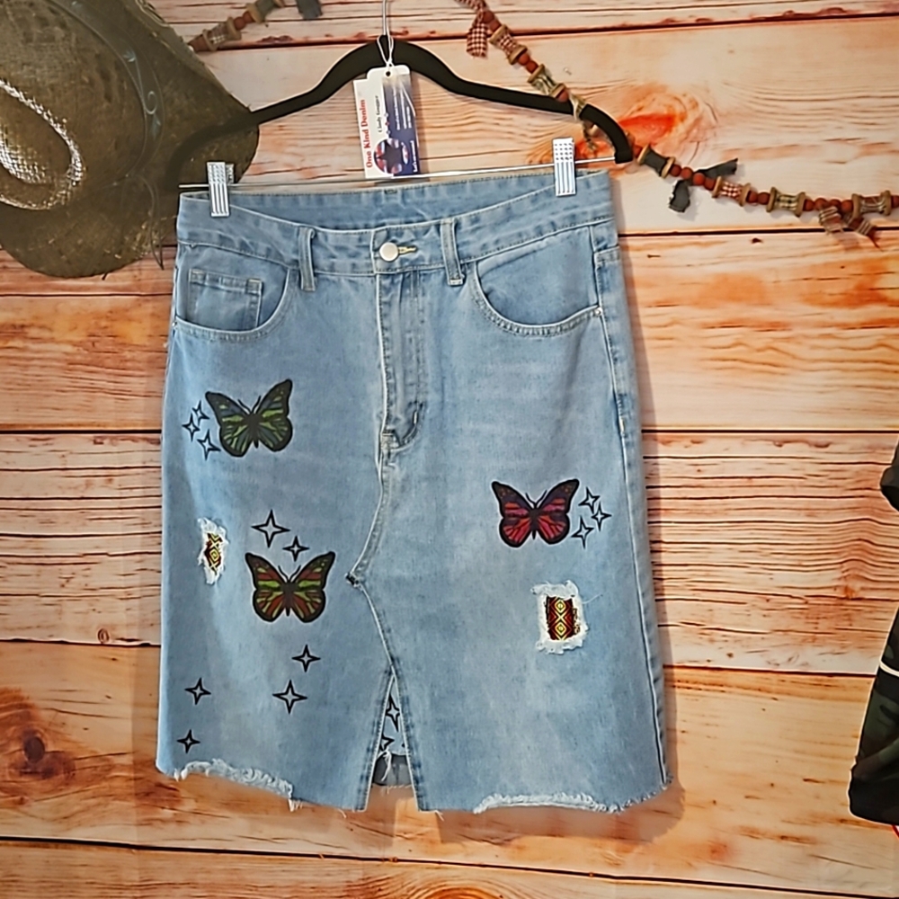 HANDMADE☆UPCYCLED "SHEIN" HIGH WAIST "FLUTTERBY DENIM" SUMMER SKIRT!🦋 SZ~ LARGE